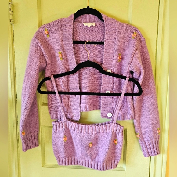 Two piece knitwear crop top and crop sweater lilac purple floral coord set - Picture 2 of 13